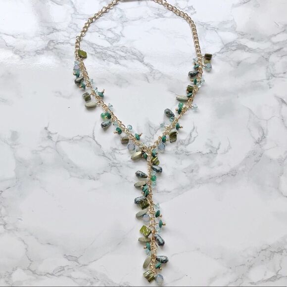 2/$30 Green Blue Gold Translucent Long Gems Stones Emerald Dangle Necklace - Picture 2 of 3